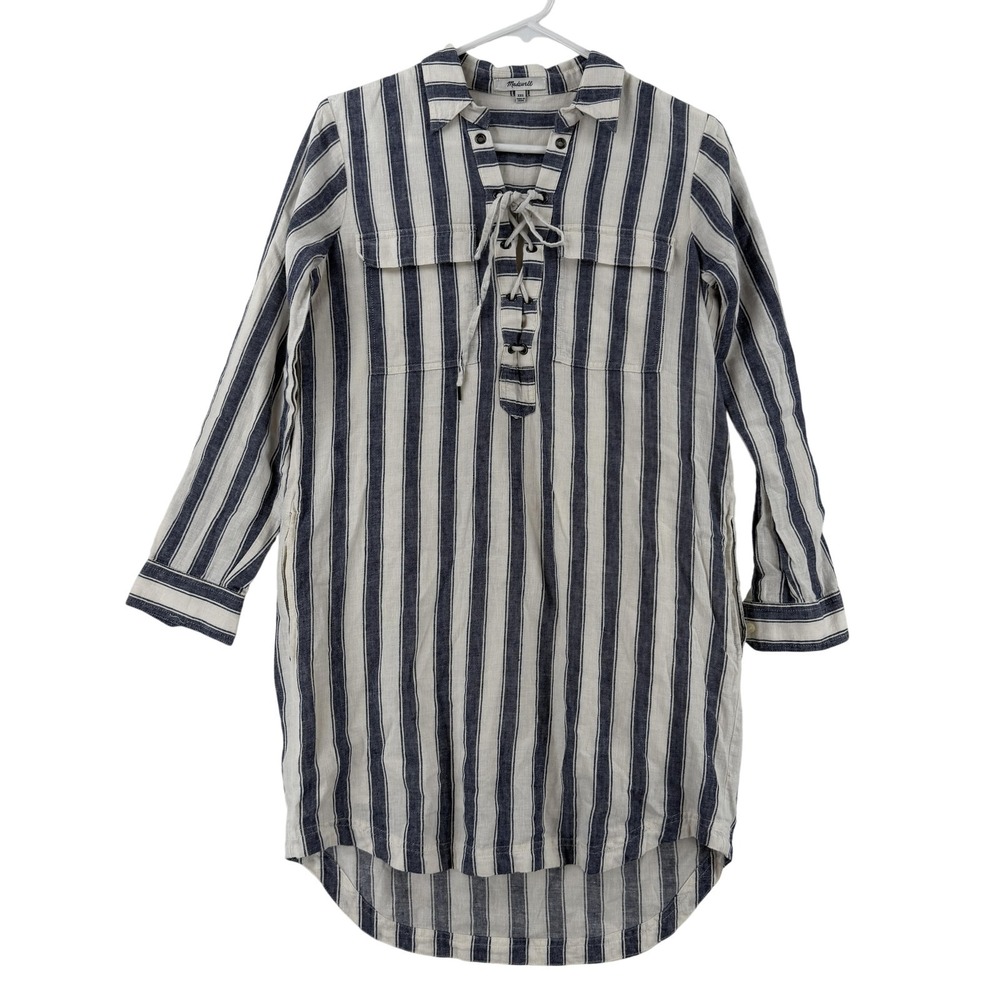 Madewell Shirt Dress Womens XXS Blue Stripe Linen Lace Up Hi Low Nautical